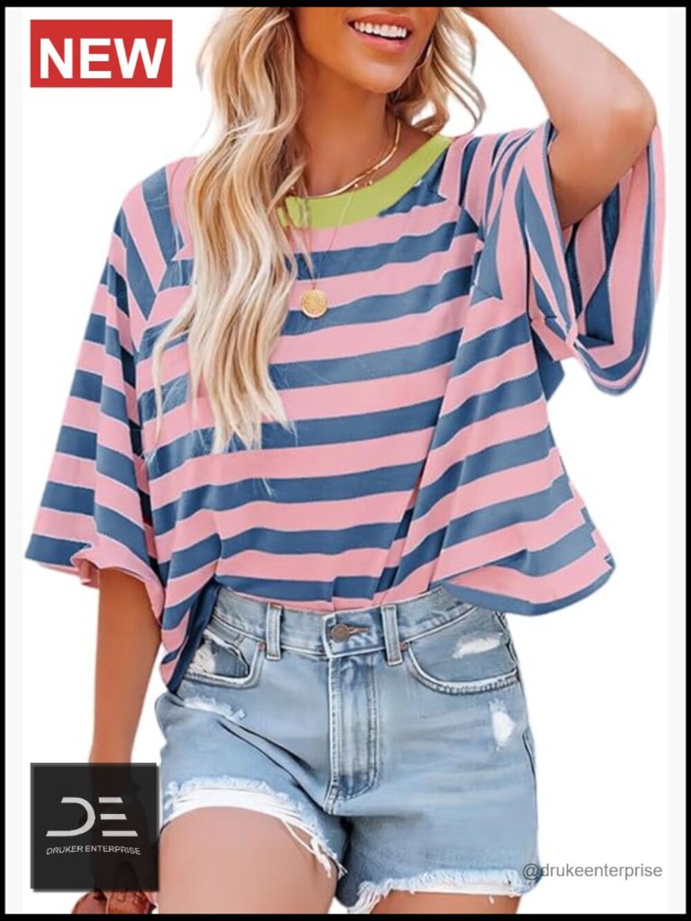 Striped V-Neck T-Shirt Women Loose Fit Short Sleeve Crewneck Summer Top